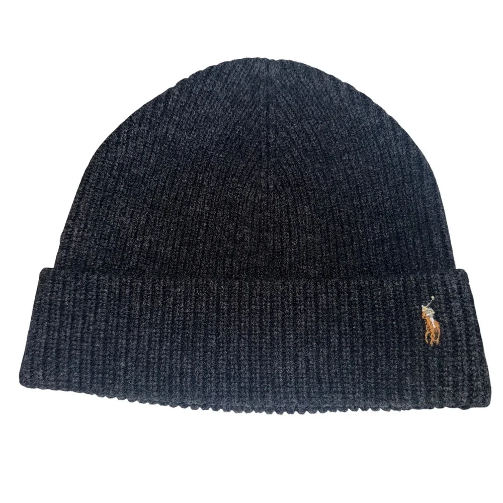 Polo Ralph Lauren Charcoal Grey 100% Merino Wool Ribbed Knit Beanie Hat OS